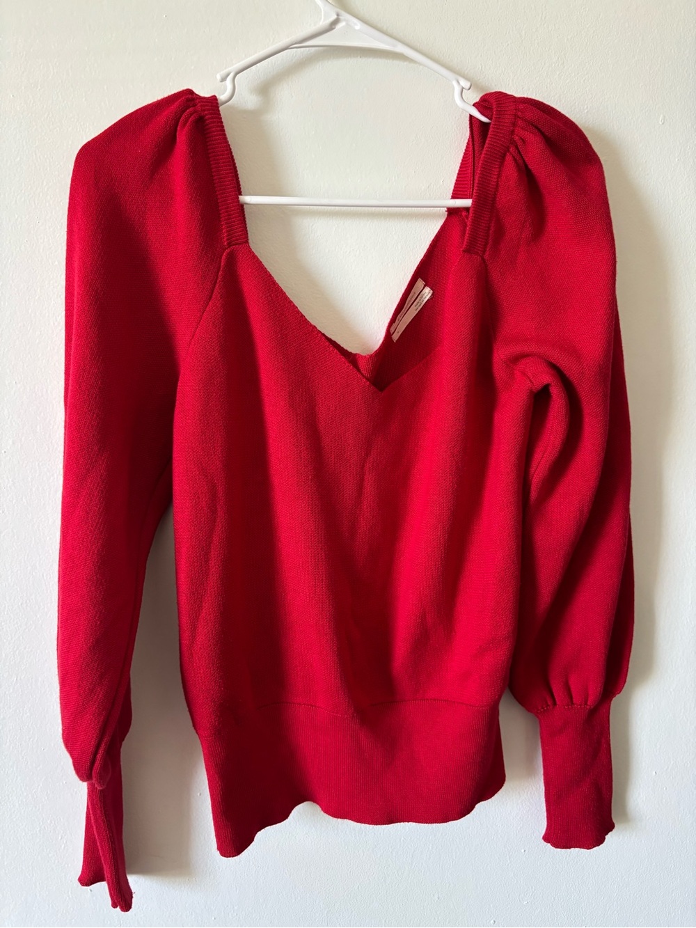 Anthropologie Red V-Neck Puff Sleeve Sweater